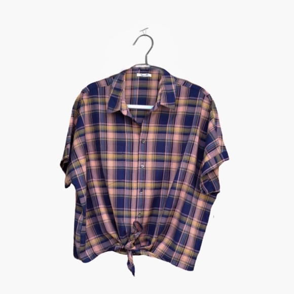 Madewell Tops - Madewell Blue Night Plaid Tie-Front Button-Down L